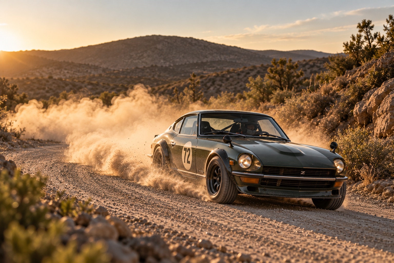 A dark green Datsun 240Z rally car, number 72, kicking up dust on a gravel mountain road at sunset