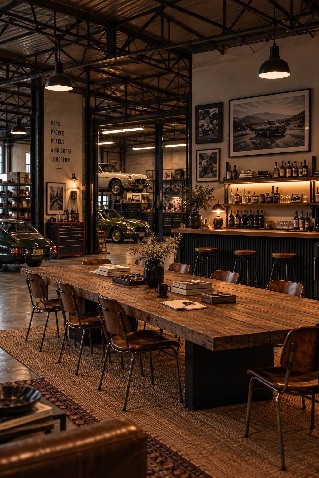The members’ lounge inside the club: a long wooden table with leather chairs, a stocked bar beneath framed motoring prints, and classic cars parked in the garage beyond