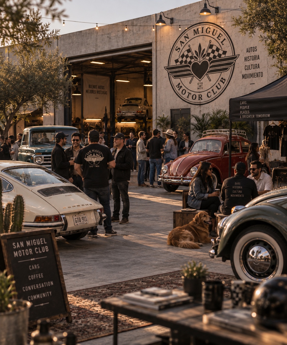 Members and friends gather over coffee outside the San Miguel Motor Club garage, classic Porsches and Beetles parked nearby and a golden retriever resting on the paving