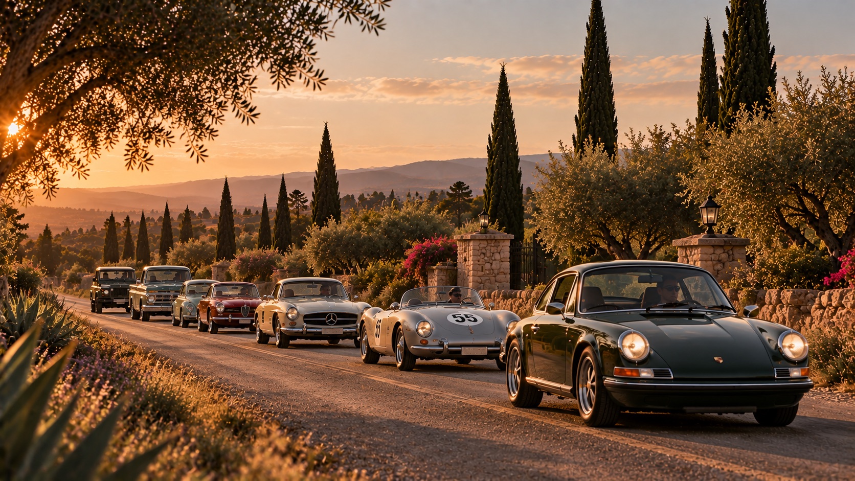 A line of classic cars, led by a dark green Porsche 911 and a silver Porsche 550 Spyder, on a lane lined with cypresses and olive trees at sunset
