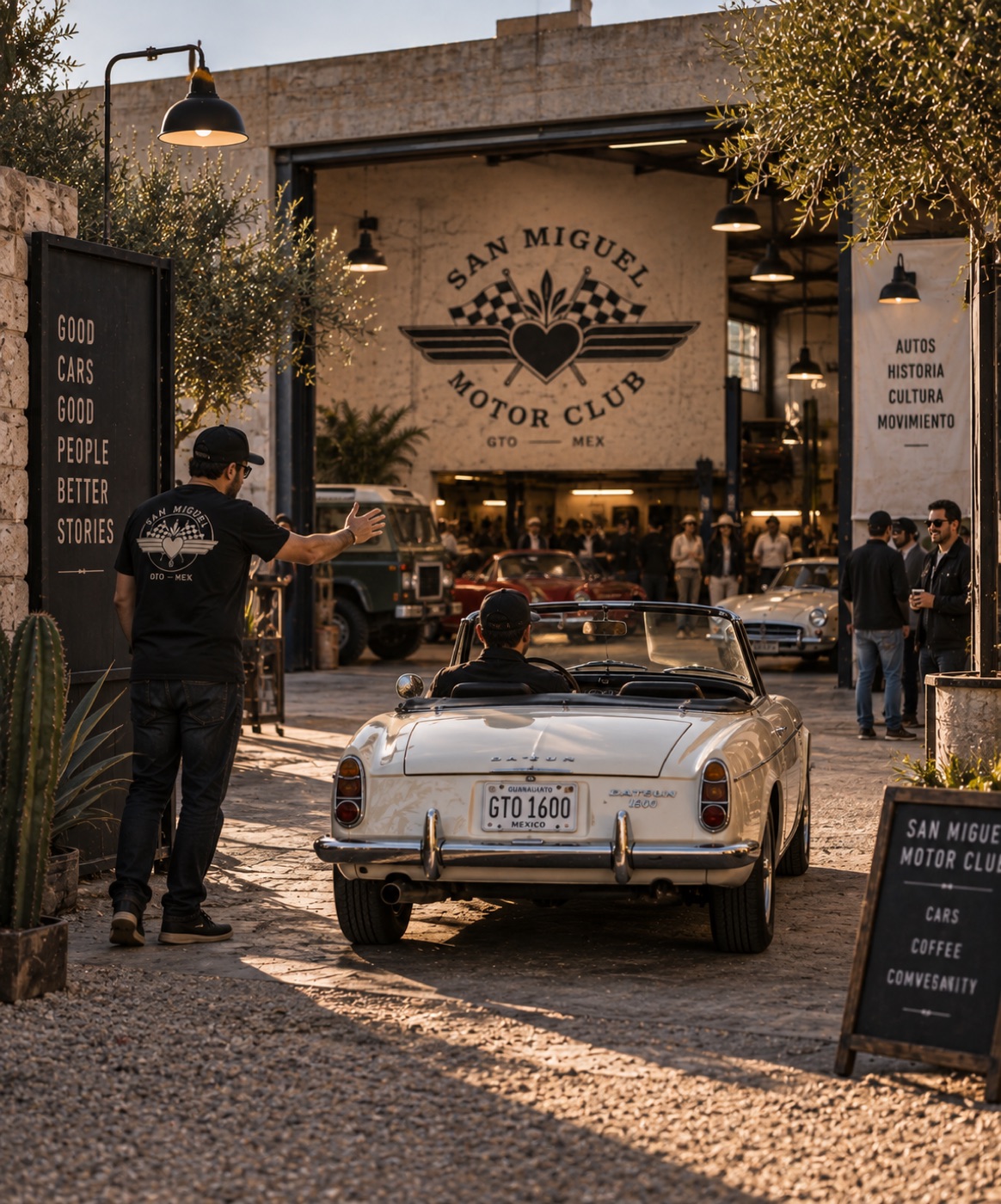 A member waves a cream Datsun Fairlady roadster into the San Miguel Motor Club courtyard at golden hour, the club crest above the open garage doors
