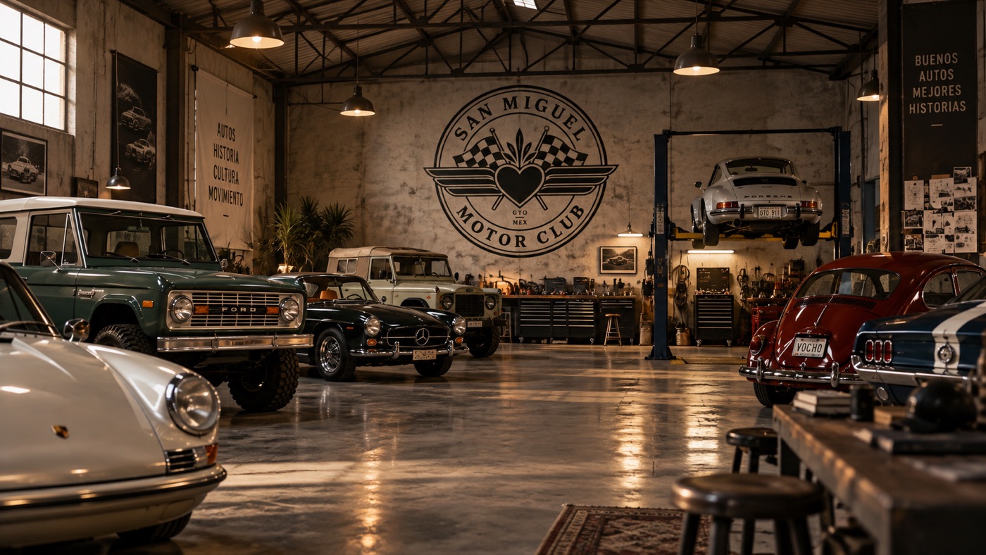 Classic cars stored in the San Miguel Motor Club garage, a Ford Bronco and a Mercedes in front of the club crest