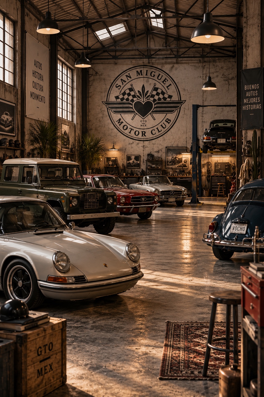 Inside the club garage: a silver Porsche 911, a Land Rover and a red Mercedes beneath the San Miguel Motor Club crest, with a classic car raised on a lift
