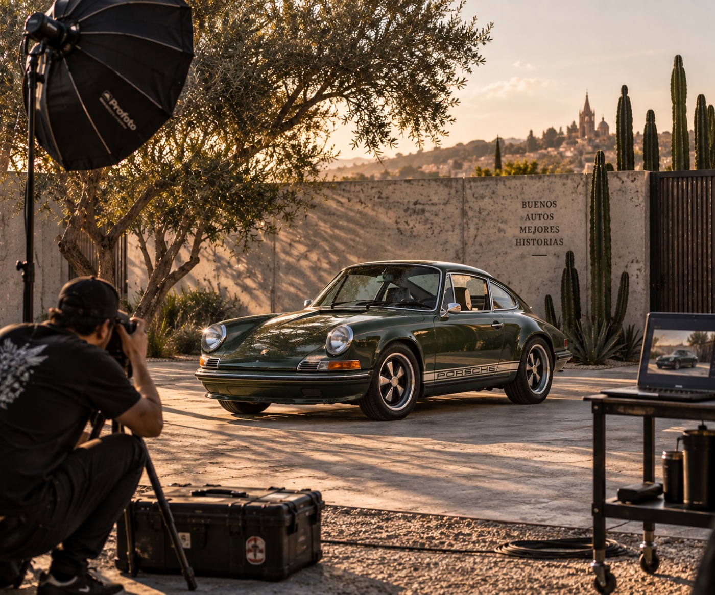 A photographer shooting a green Porsche 911 outside the club under a softbox, the Parroquia on the skyline behind