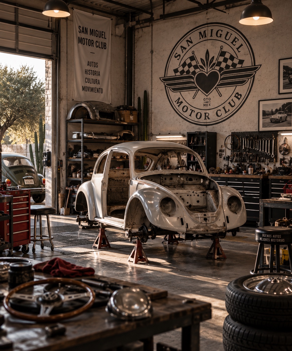 A Volkswagen Beetle stripped to bare metal on stands in the restoration bay
