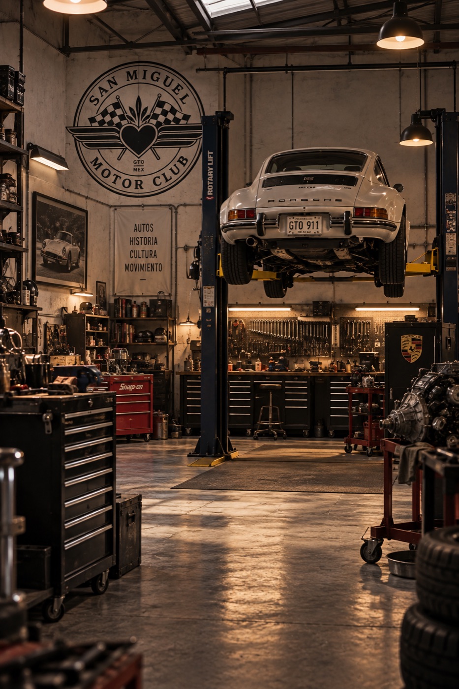A white Porsche 911 raised on a lift in the club workshop, tool chests and an engine stand below