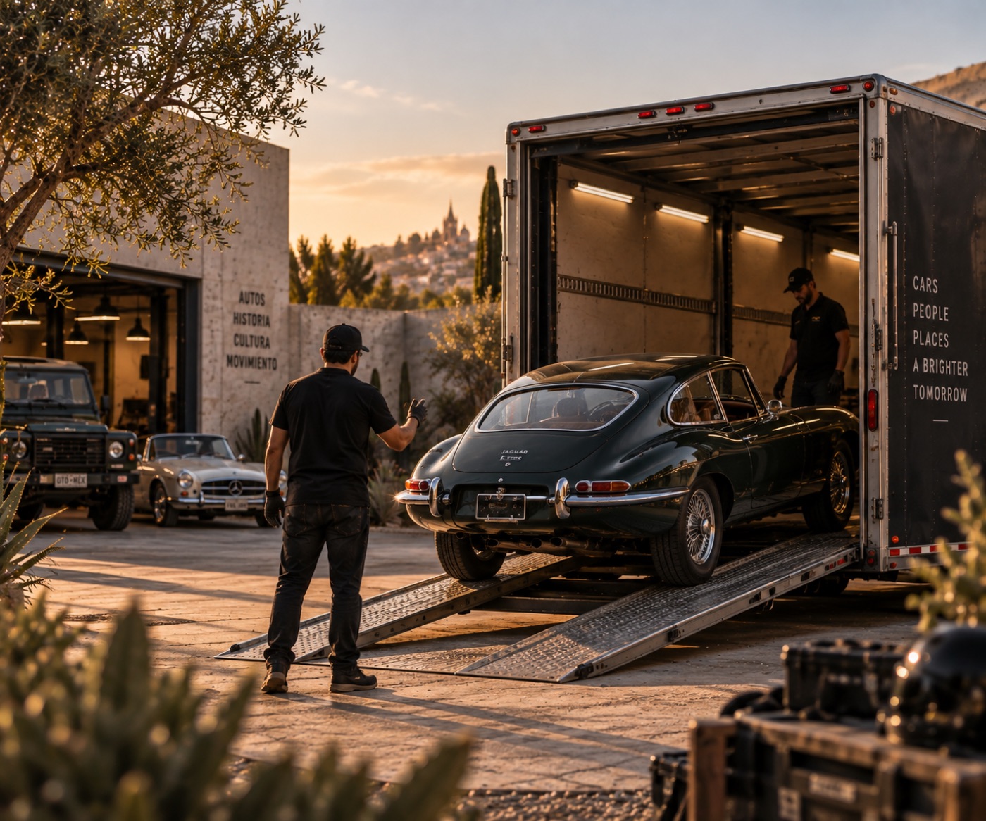 A dark green Jaguar E-Type being guided up a ramp into an enclosed car transporter outside the club